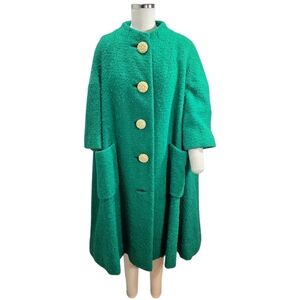 Vintage 1950's/60's George Carmel - Green Wool Coat w Sculpted Buttons- Size M/L